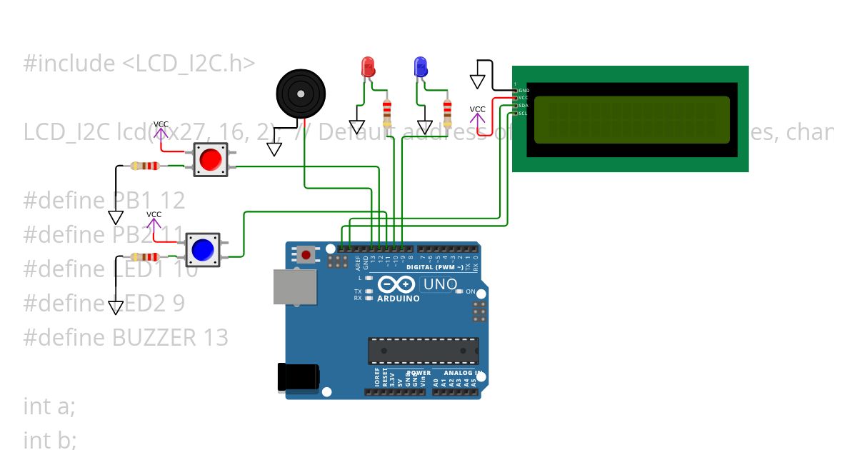 LCD, 2 PUSH BUTTON, 2 LED simulation