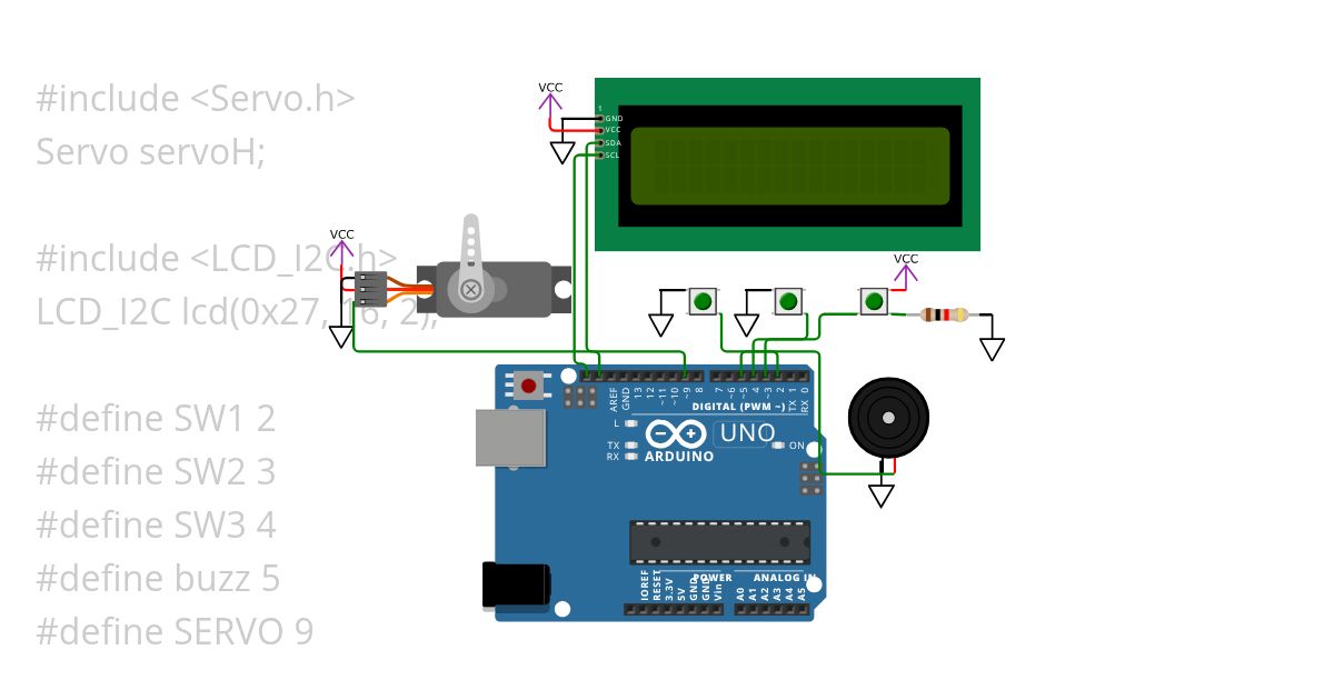 TUGAS 4 | SERVO, LCD, BUZZER, 3PB  simulation