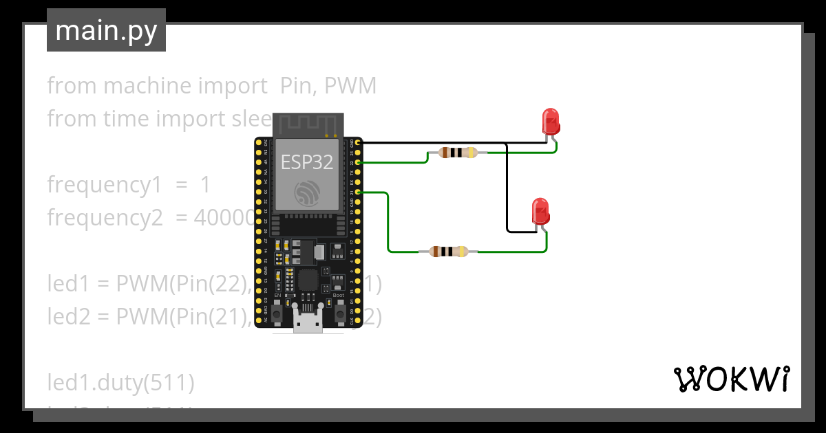 PWM microPython diff Freqs - Wokwi ESP32, STM32, Arduino Simulator