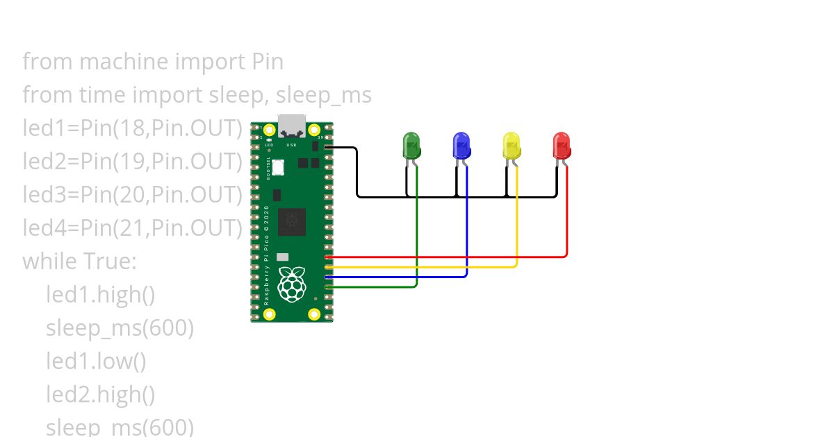 four led's  SERIAL blinking (time dealy 600ms)  simulation