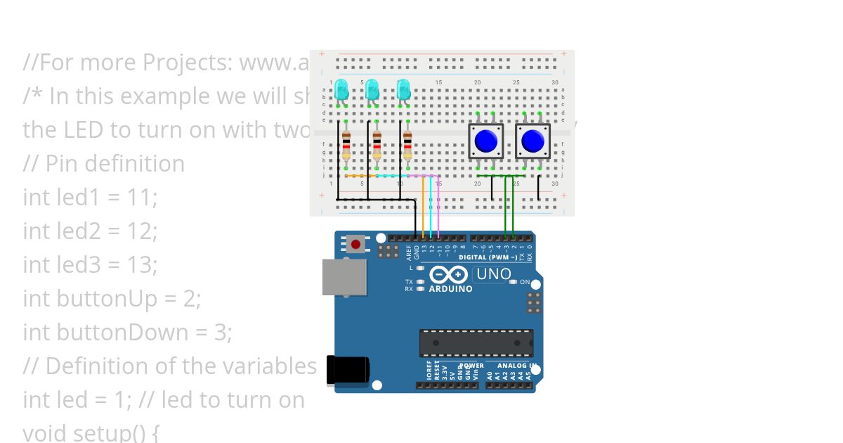3 LEDs with Buttons simulation
