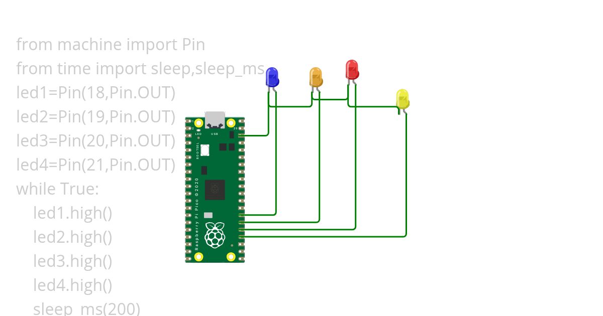 micropython code for 4 led blinking foe 200ms simulation