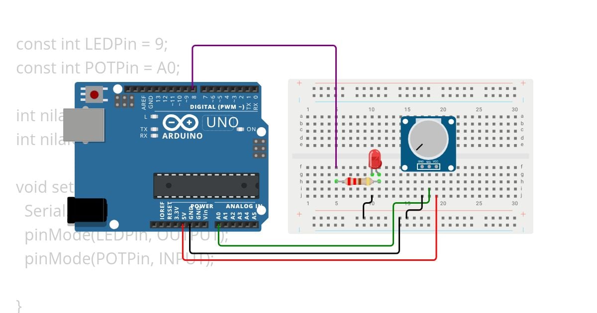Fading LED dengan Potensiometer simulation
