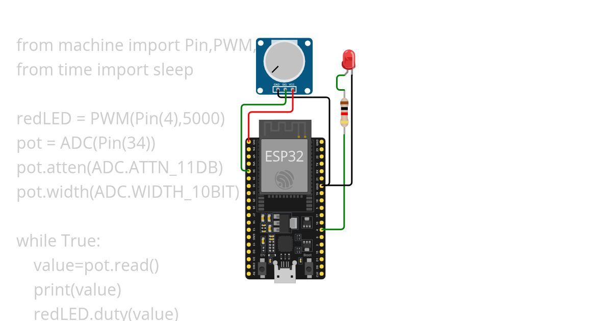 Control brightness of an LED (connect to GPIO 4) w.r.t. the knob postion of a potentiometer(connect to GPIO 34) simulation