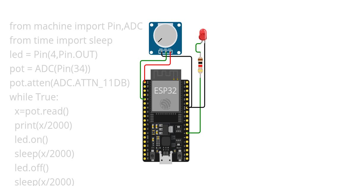 control brightness of an LED (connect to GPIO 4) w.r.t. the knob postion of a potentiometer(connect to GPIO 34) without PWM simulation