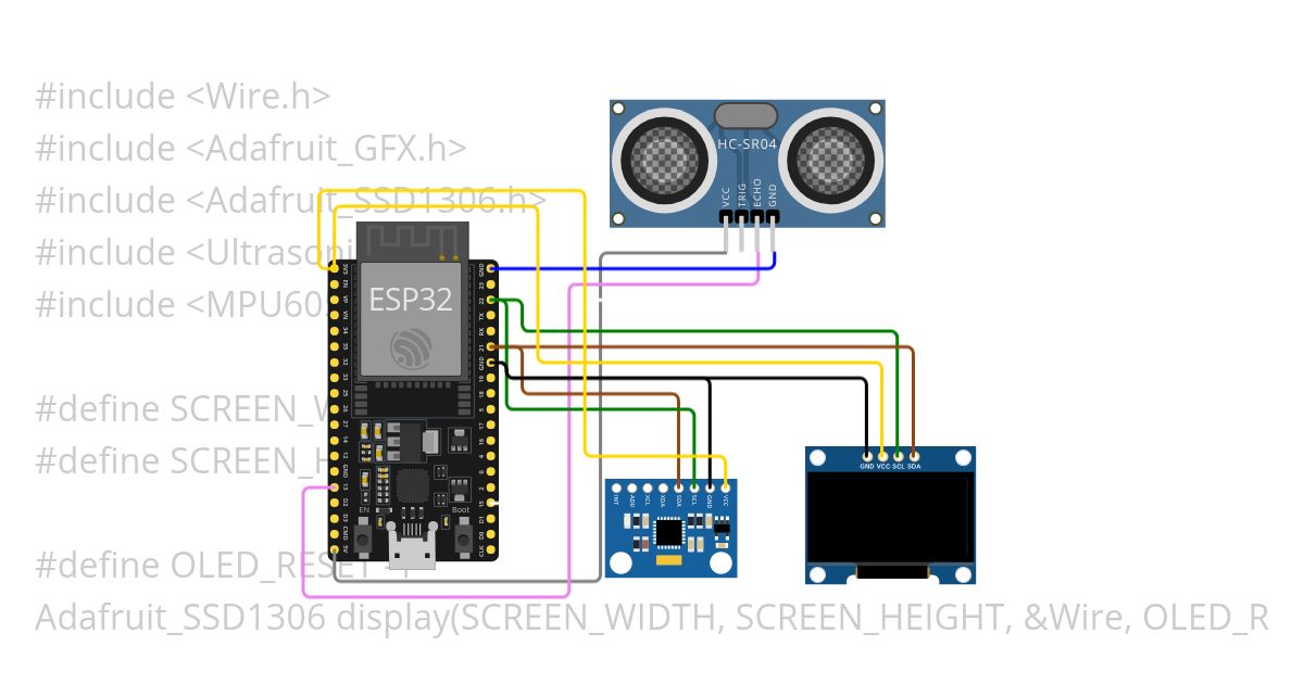 menampilkan sensor ultrasonik dan IMU pada OLED simulation