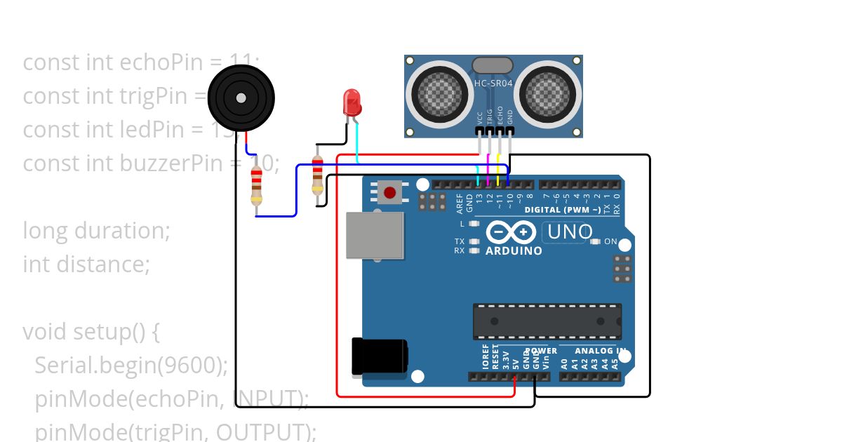 sensor ultrasonik HC-SR04 + LED + buzzer1 simulation