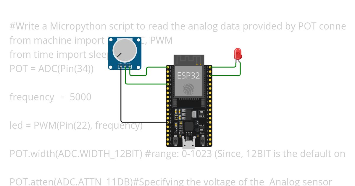 ADC with led Micropython using 12 bit adc simulation