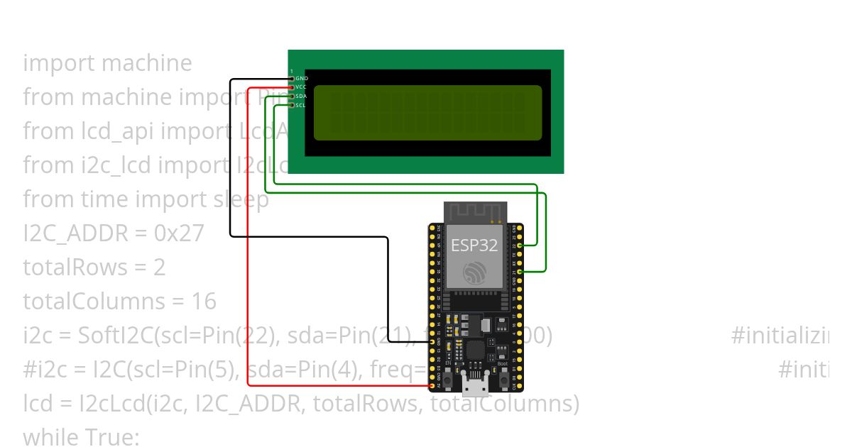 uPython I2C lcd printing text and counting 16x2 simulation
