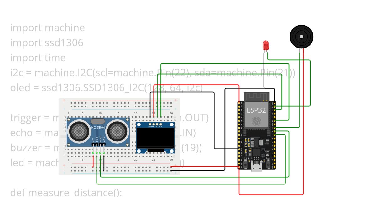 Display distance in oled with buzzer and led  simulation