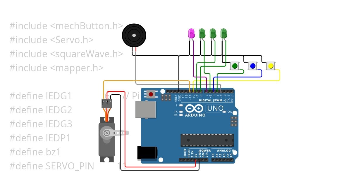 LEDs, Buttons, servo & a buzzer simulation