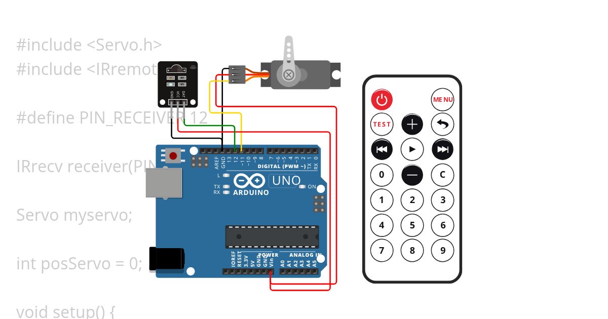 Menggerakan sudut servo (+ - 1 o ) dari tombol + - IR Remote simulation