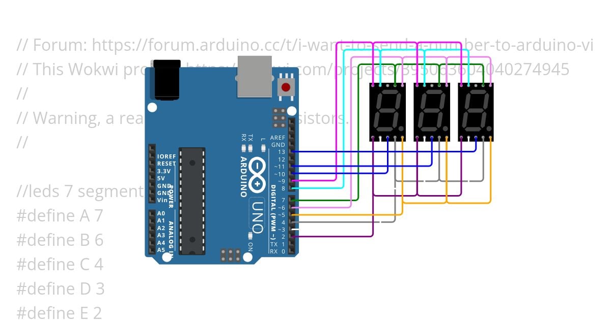 I want to send a number to arduino via serial communication and display it on 3 7segment display simulation