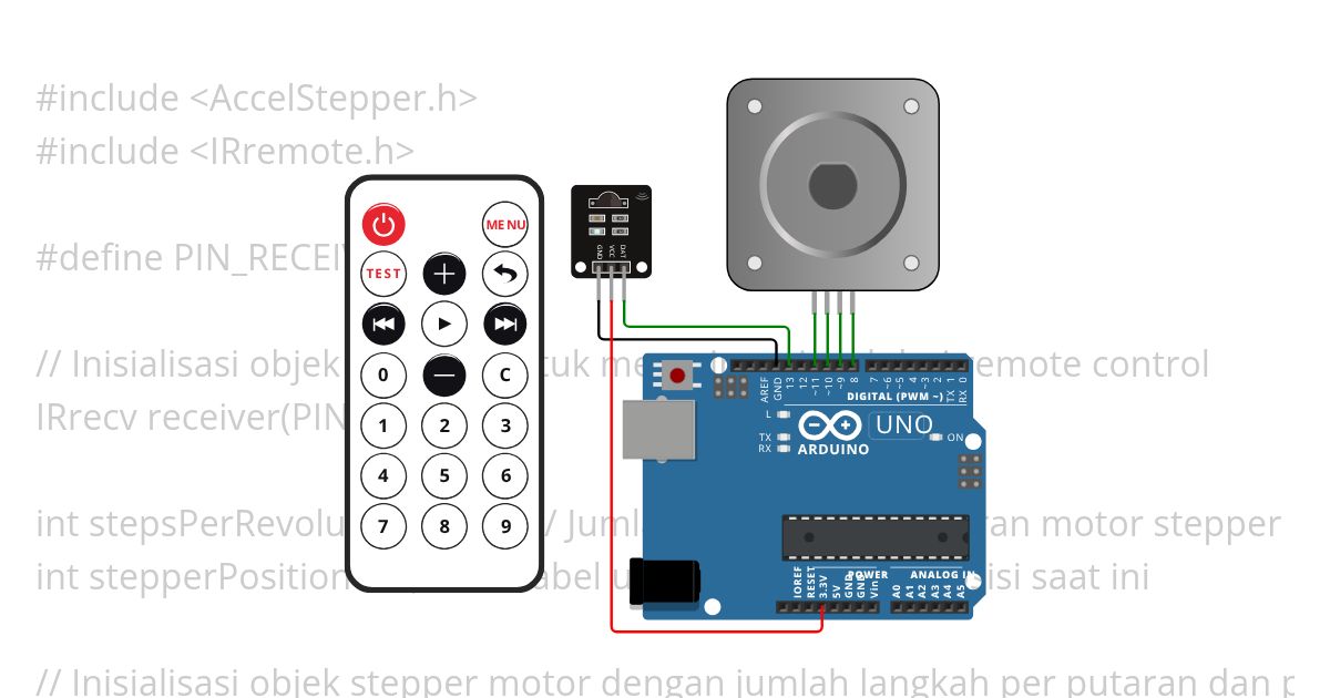 Mengerakan stepper motor (+ - 1 o ) dari tombol + - IR Remote simulation