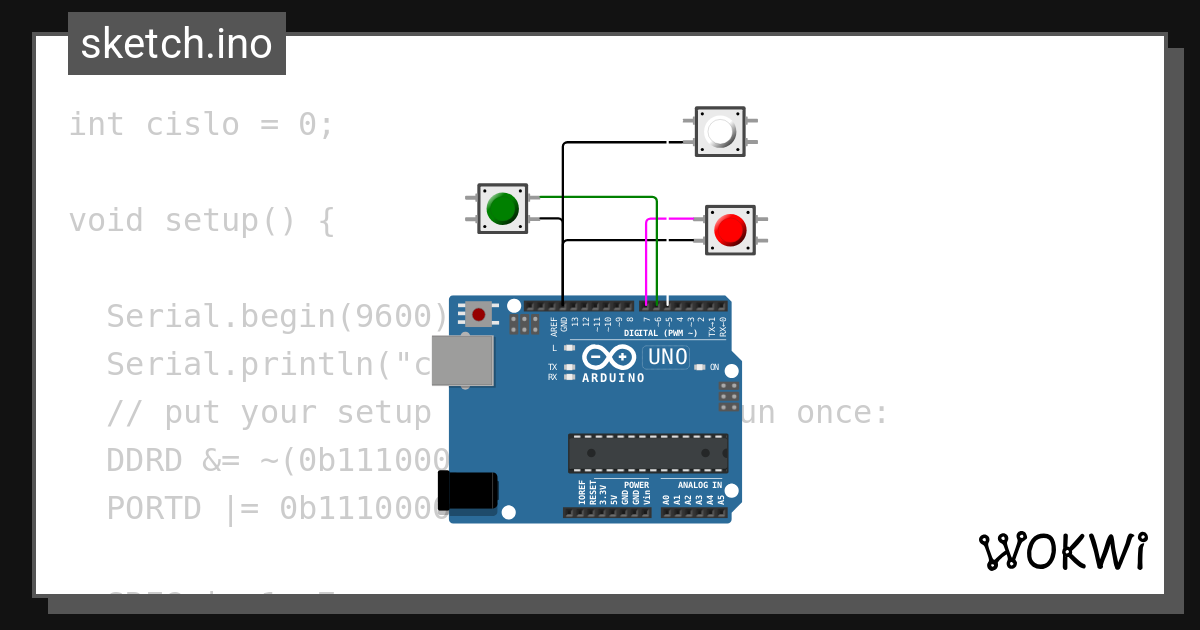 3 buttons counter PIND - Wokwi ESP32, STM32, Arduino Simulator