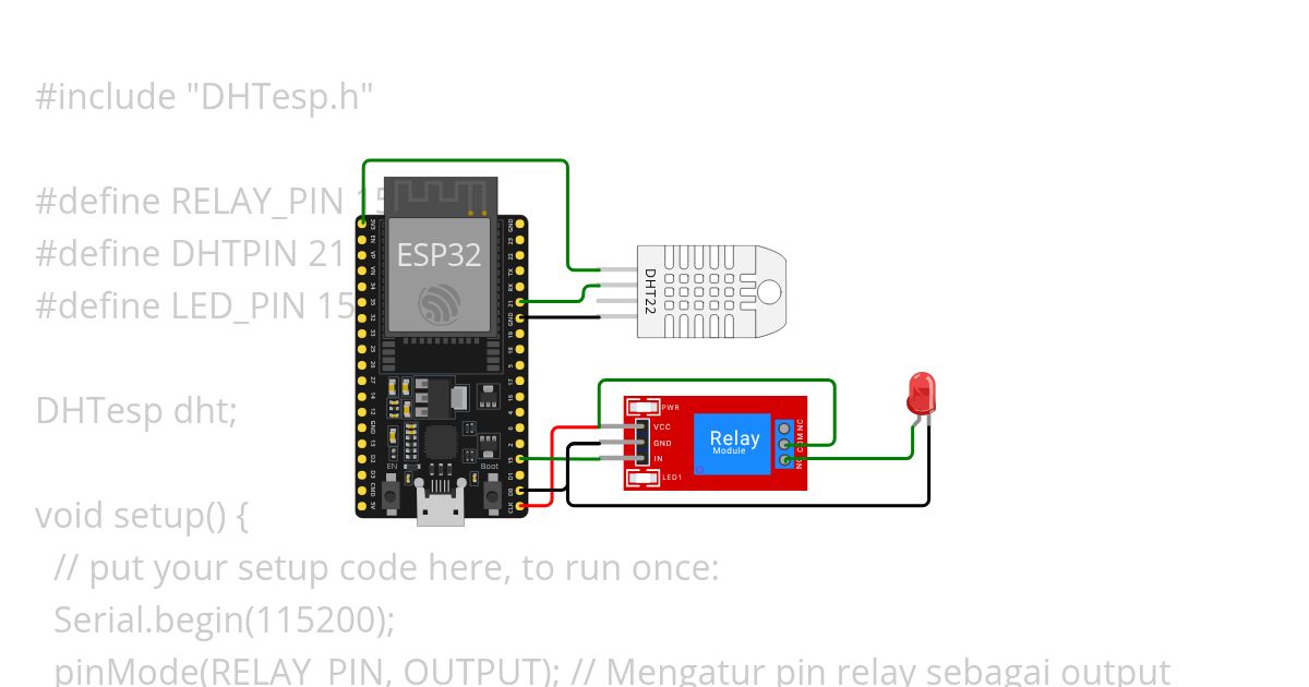 Menghidupkan Kipas (diwakili dengan LED) dgn relay jika suhu DHT22 lebih dari 30 derajat simulation