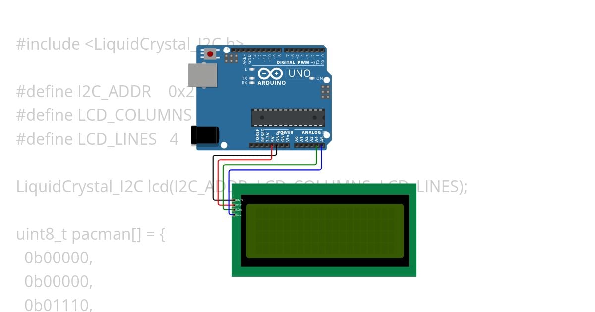 11c-LCD 4 Baris Pacman In Action simulation