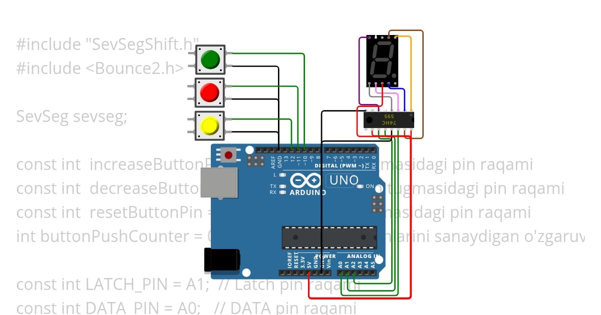 1 razryadli 7 segmetli indikatorda sonlarni o‘sish va kamayish tartibida chiqarish simulation