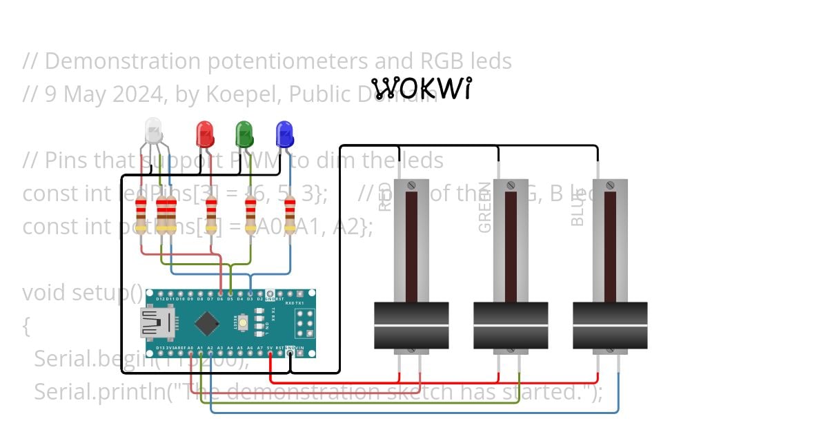 Demonstration potentiometers and RGB leds simulation