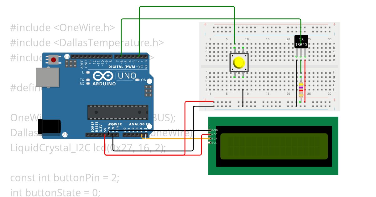 LCD1602 displayida DS18B20 modulida aniqlangan haroratning natijasini tugma orqali chiqarish Copy simulation