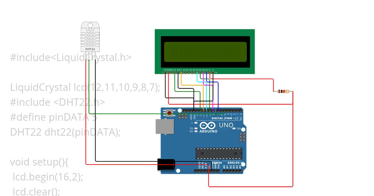 kar interfacing 16*2 LCD & dht 11/22 with arduino uno simulation