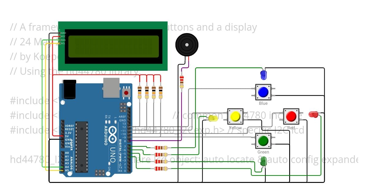 A framework for 4 leds with 4 buttons and a display simulation