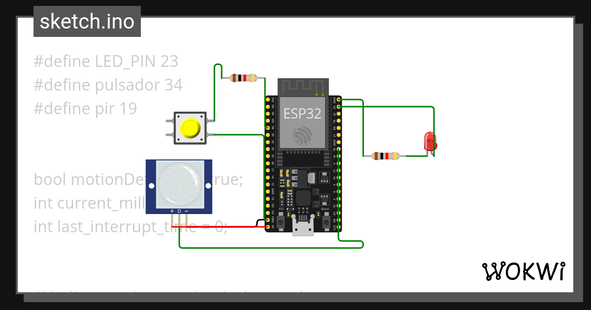 pir motion y push button - Wokwi ESP32, STM32, Arduino Simulator