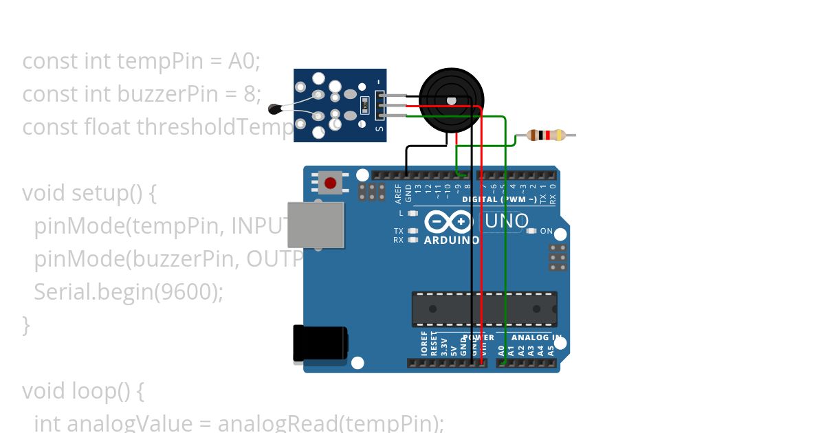 temperature alarm triggering a buzzer simulation