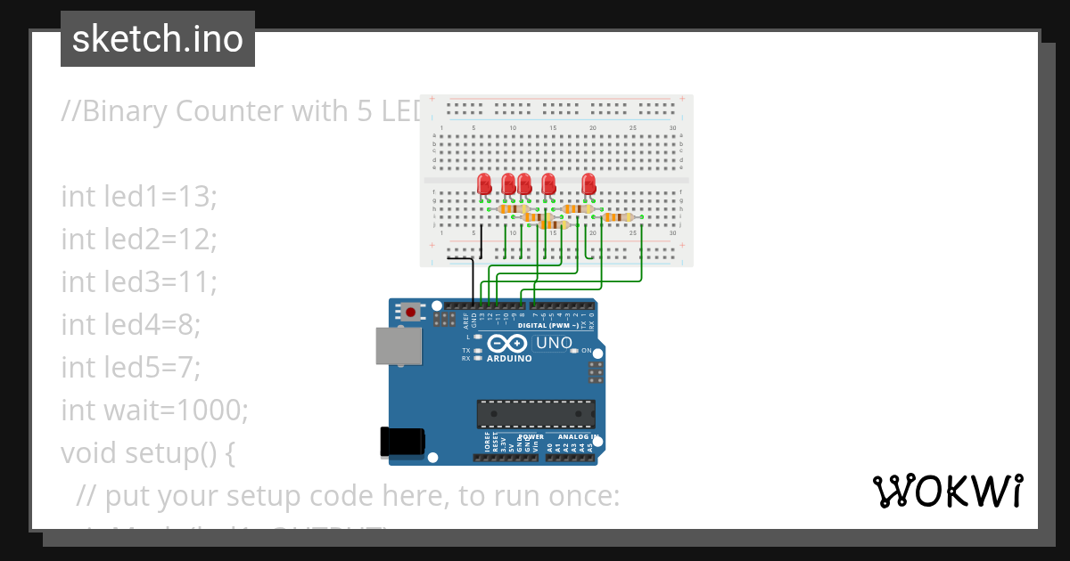 Binary Counter with 5 LEDs. - Wokwi ESP32, STM32, Arduino Simulator