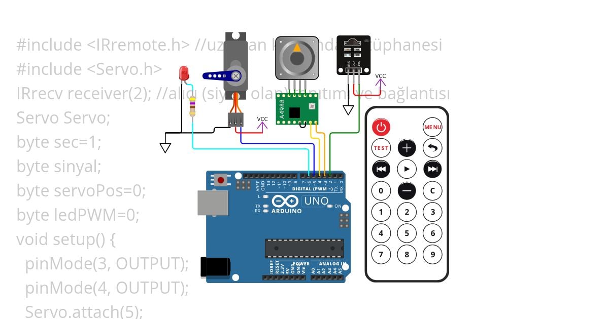 IR (uzaktan kumanda tuşları ile led, step ve servo kontrolü simulation