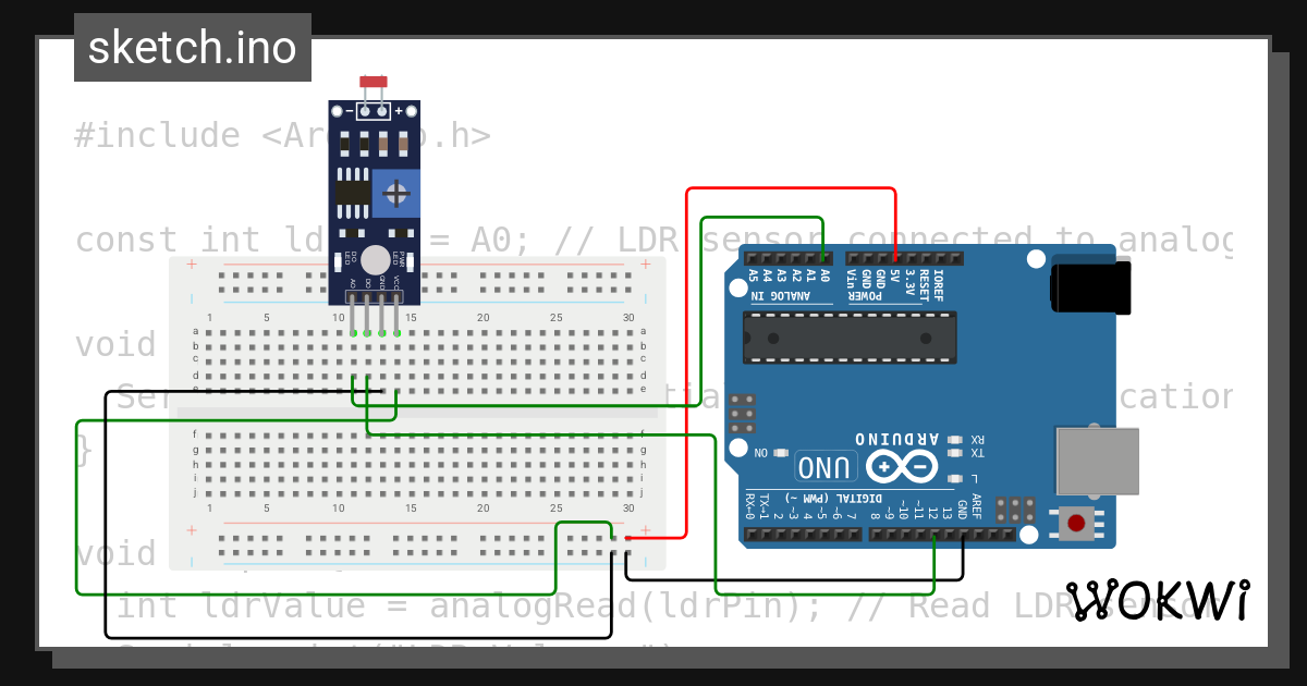 LDR sensor with board in Arduino - Wokwi ESP32, STM32, Arduino Simulator