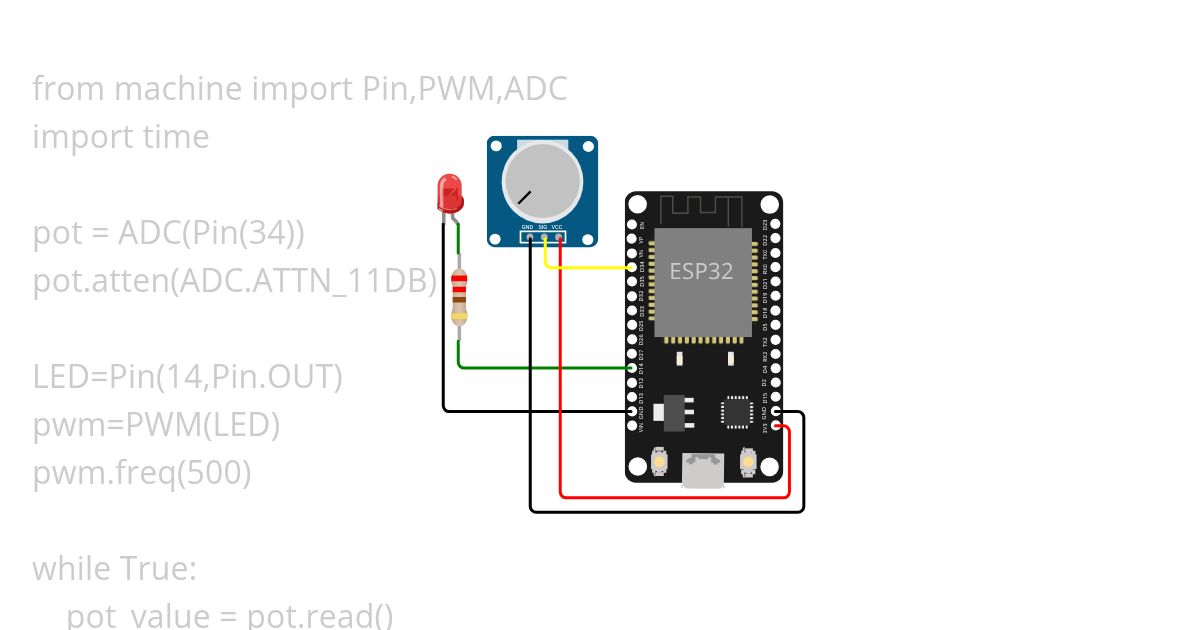 Micropython ESP32 "controling LED with potentiometer simulation