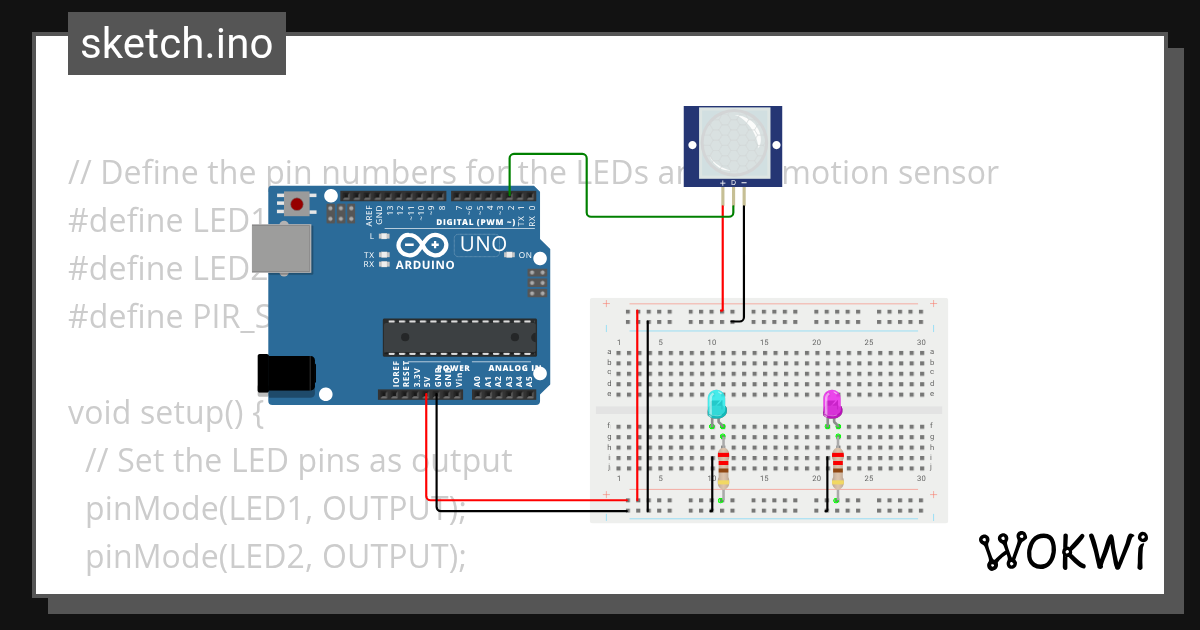 complete 2LED and PIR sensor and code connection - Wokwi ESP32, STM32 ...