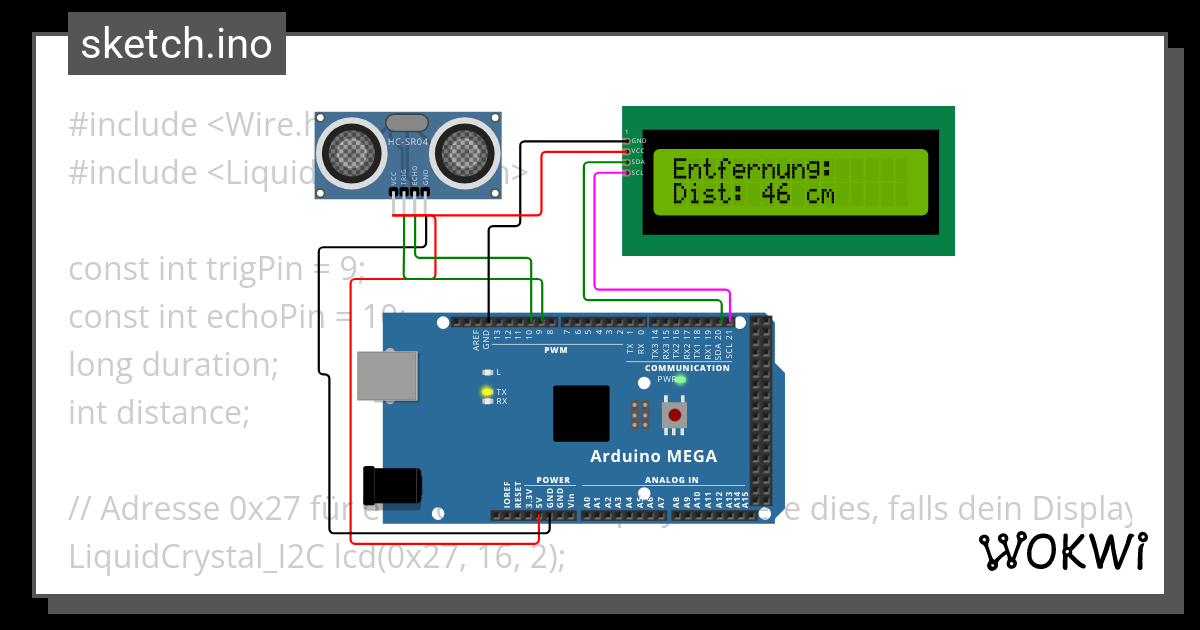 Distanzmessung mit Anzeige - Wokwi ESP32, STM32, Arduino Simulator