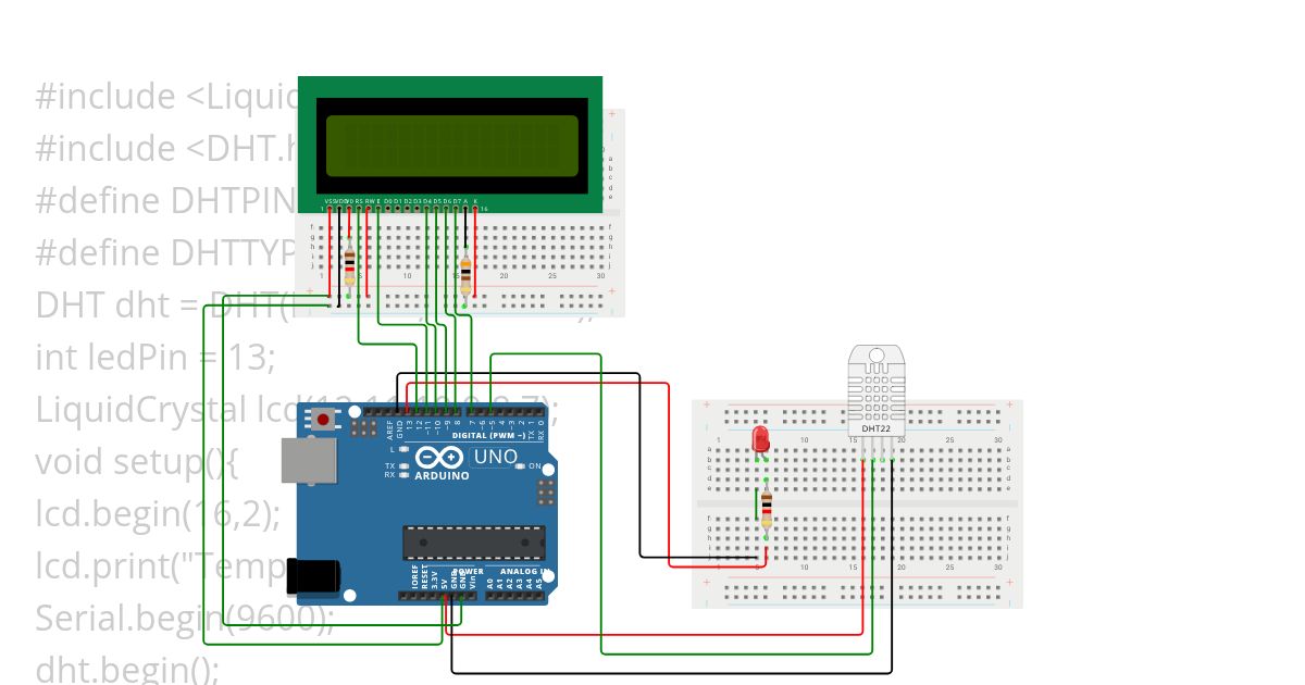 7-1_LCD + LED + DHT (Temperature Sensor) simulation