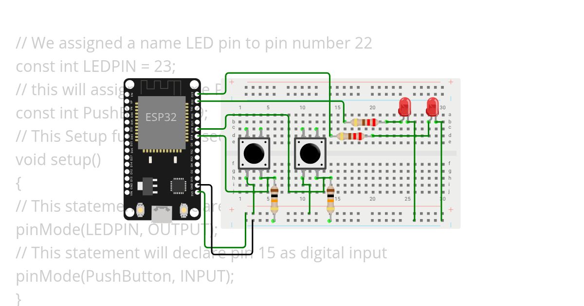 ESP32 30 Pin  2 PB and 2 LED simulation