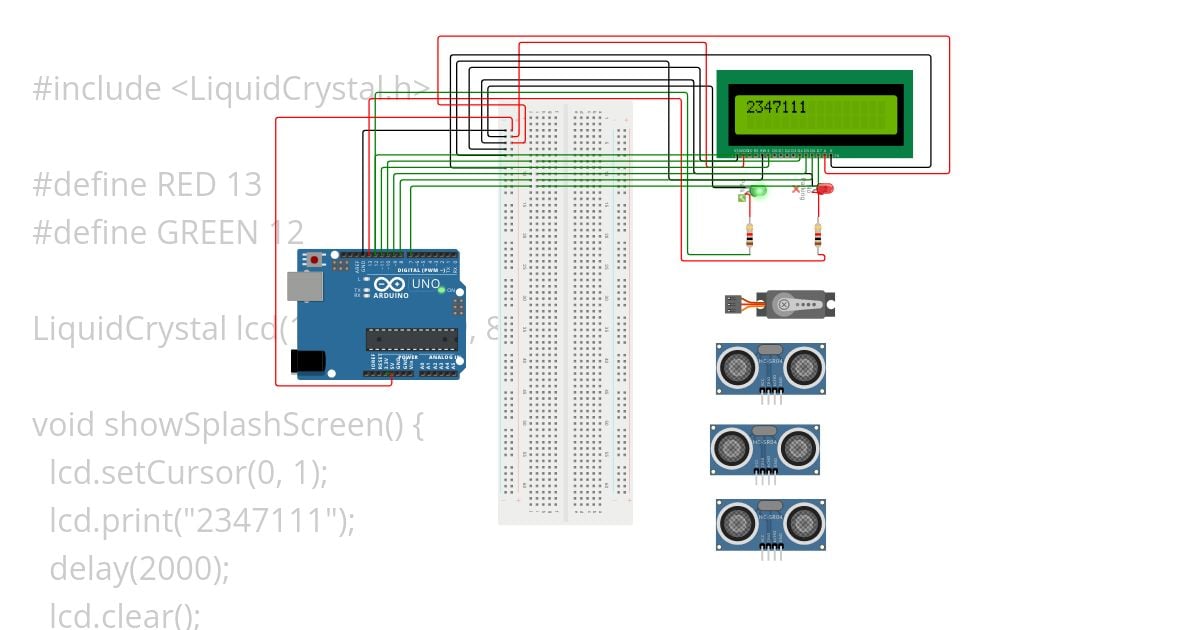 car_parking_3x_ultrasonic_2x_led_lcd_servo_breadboard simulation