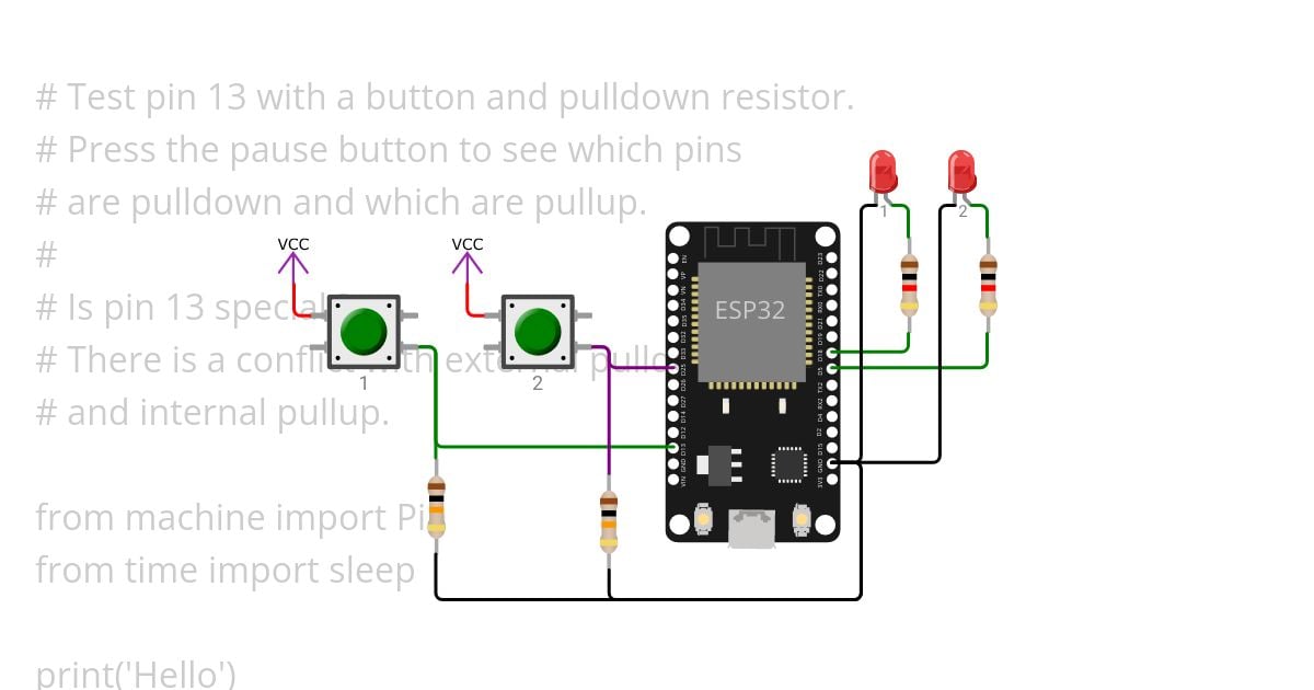 Test pin 13 with button and external pulldown resistor on a ESP32. simulation