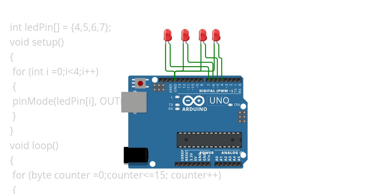 BLINKING OF LED WITH 4-BIT BINARY COUNTER  simulation