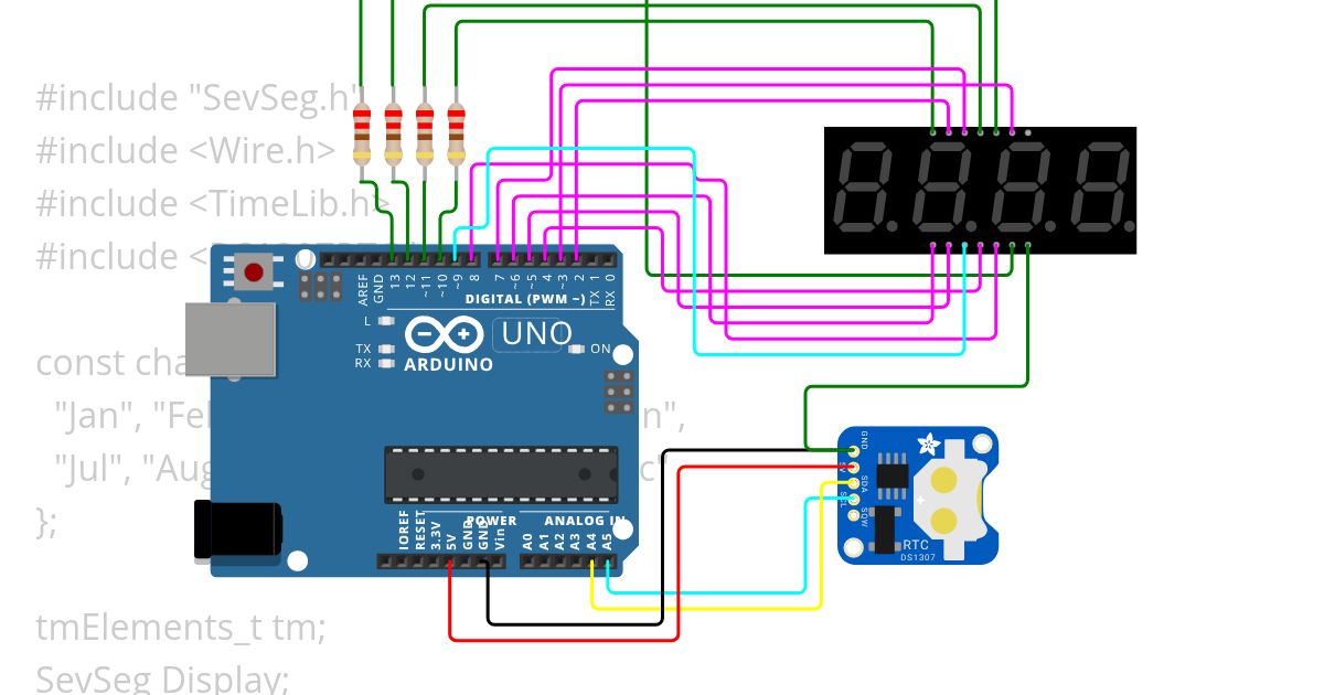 7 Segment Display Clock by Multiplexing Four 7 Segment Displays simulation
