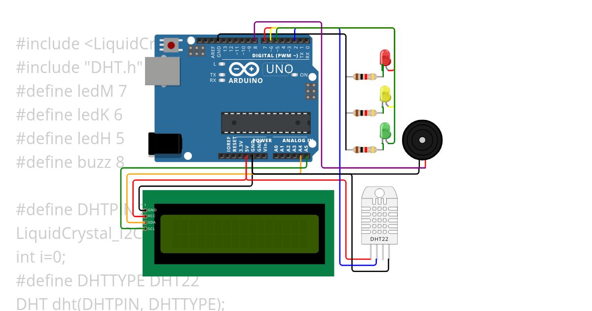 LCD I2C LDR DHT22 3led buzz simulation