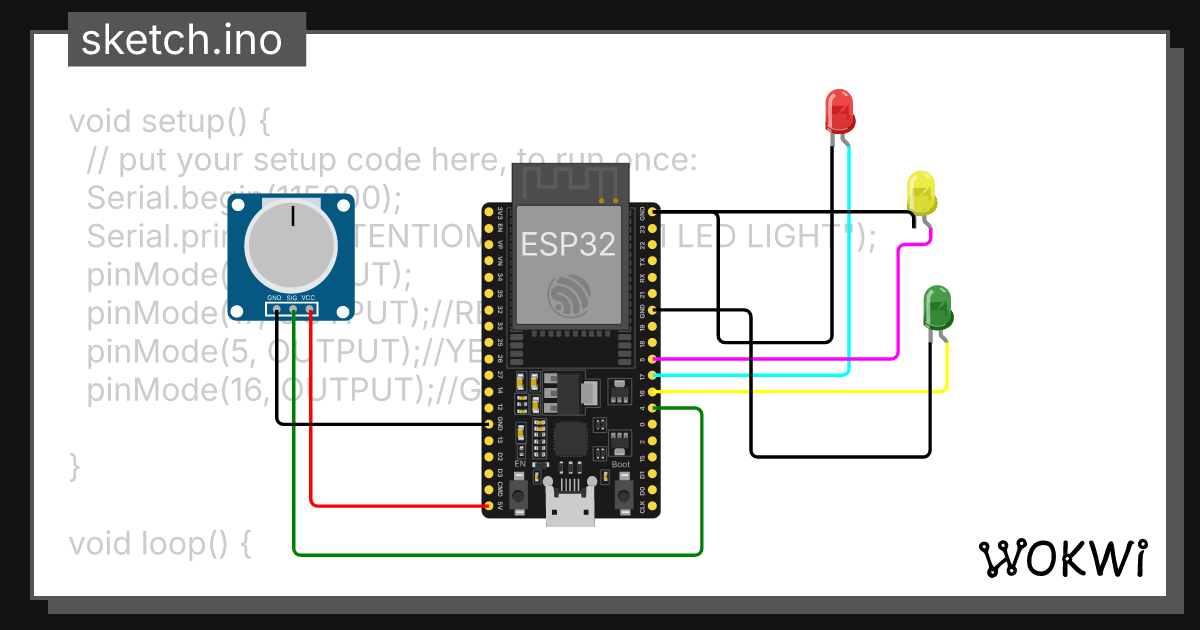 POTENTIOMETER WITH 3 LED LIGHT - Wokwi ESP32, STM32, Arduino Simulator