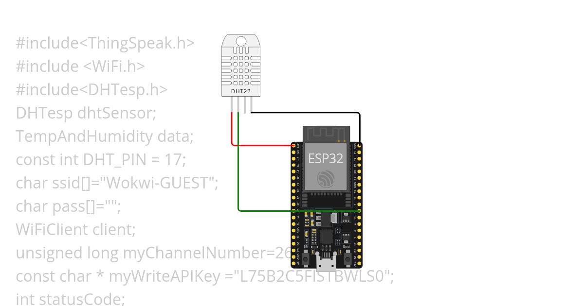 dht 22 code with wifi thingspeak simulation