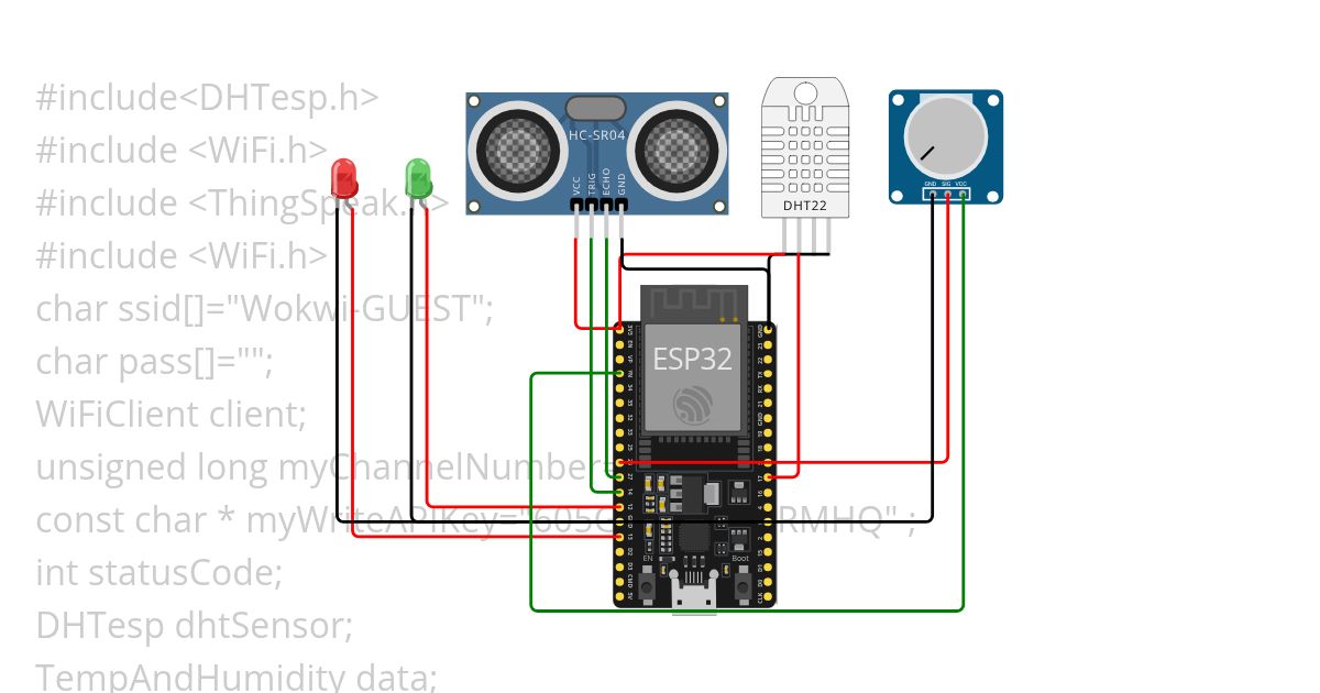 potentiometer,dht22,ultrasonic,2 led simulation