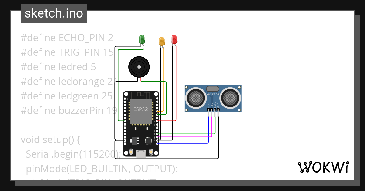 Ultrasonic Sensor led buzzer - Wokwi ESP32, STM32, Arduino Simulator