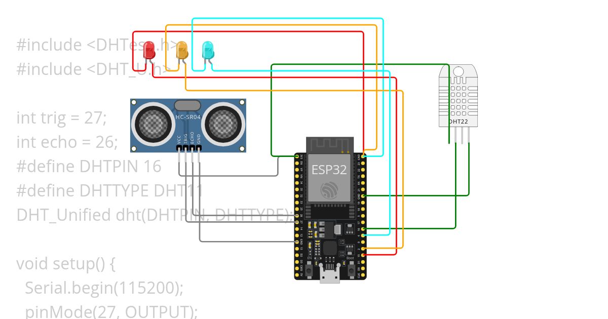 DHT AND ULTRASONIC using led condition simulation