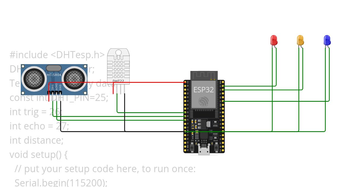 ultrasonic WITH DHT22 SENSOR with 3led simulation