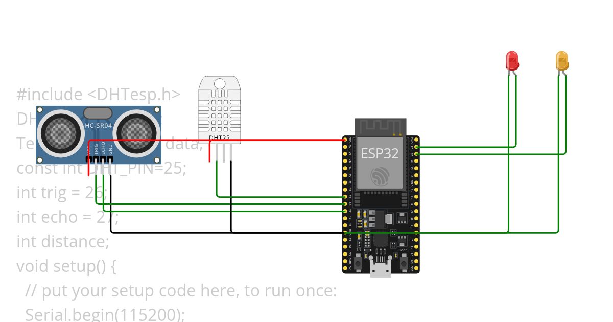 ultrasonic WITH DHT22 SENSOR with 2led  simulation