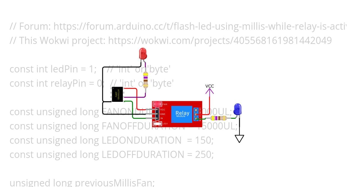 Flash LED using Millis() while relay is activated simulation