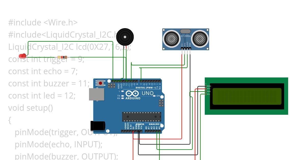 PROGRAM FOR ULTRASONIC SENSOR WITH LCD DISPLAY Copy simulation